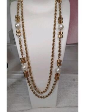 Vintage Goldette Unsigned Double Strand Chunky Chain Faux Pearl Necklace